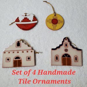 Set of 4 Handmade Tile Southwest Native American Design Ornaments